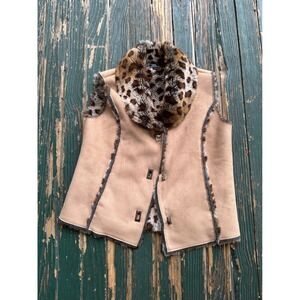Lisa International Tan Faux Suede Vest Leopard Faux Fur Trim Turn Lock Large
